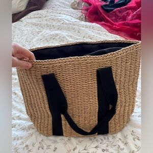 Straw Tote Bag with Black Handles